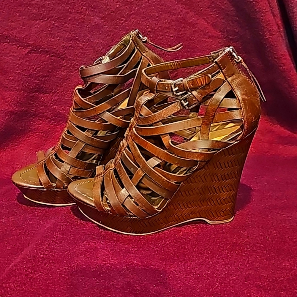 True Religion Leather Wedge Sandals